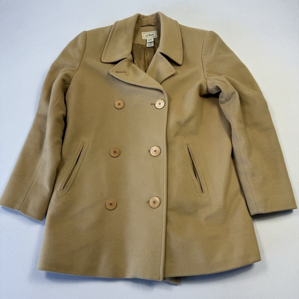 L.L. Bean Womens Peacoat Jacket Double Breasted Wool Cashmere Nylon Tan Beige 12